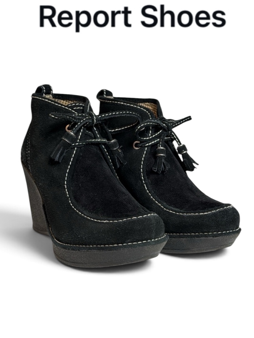 REPORT ANIKA BLACK SUEDE LEATHER TASSEL LACE UP PLATFORM WEDGE BOOTIES SIZE 7